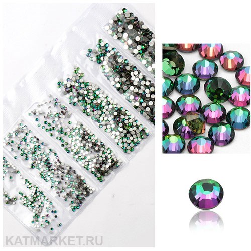 Стразы разных размеров пакет 1600шт, Зеленый Хамелеон 61304241