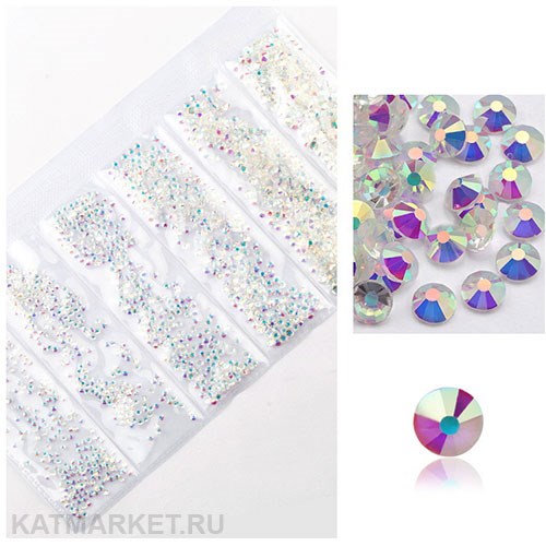 Стразы разных размеров пакет 1600шт, Прозрачная Голография 61304031