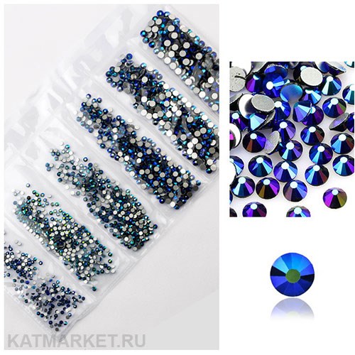 Стразы разных размеров пакет 1600шт, Синие Металлик Голография 61304271