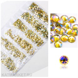 Стразы разных размеров пакет 1600шт, Желтые Голография 61304291