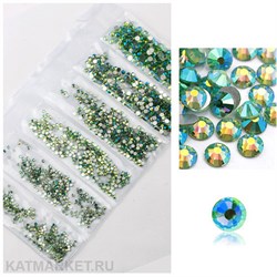 Стразы разных размеров в баночке, Зеленые Голография 61304072